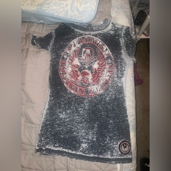 Affliction T Shirt Grey & Red American Flag Size M Womens - Picture 1 of 7